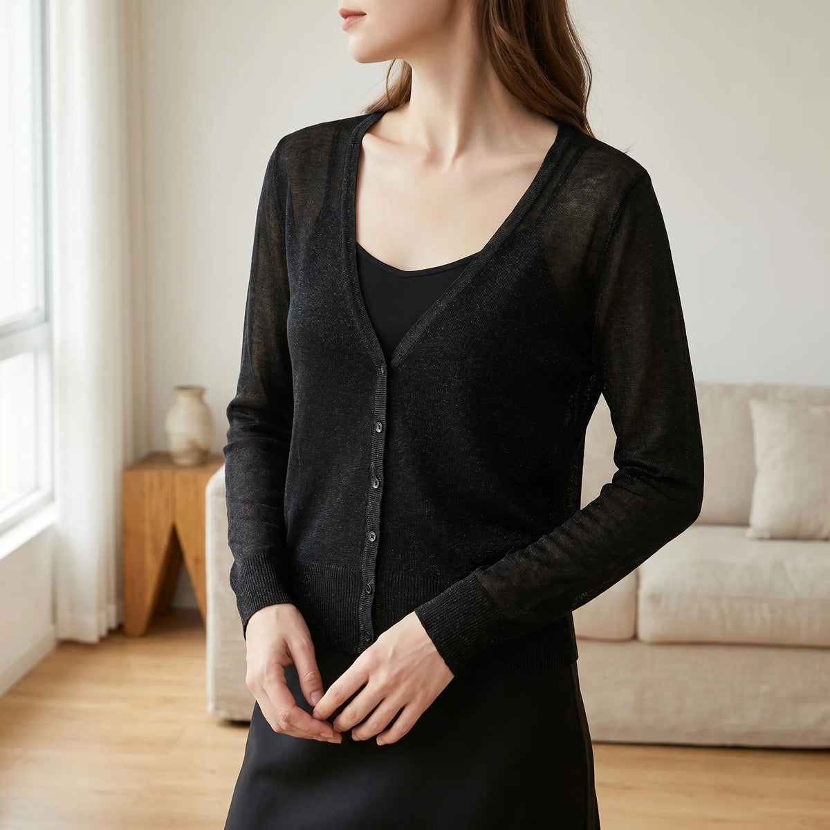 Women's lightweight semi-sheer cropped cardigan with V-neck