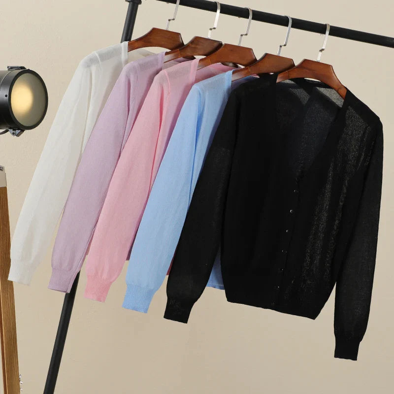 Women's lightweight semi-sheer cropped cardigan with V-neck