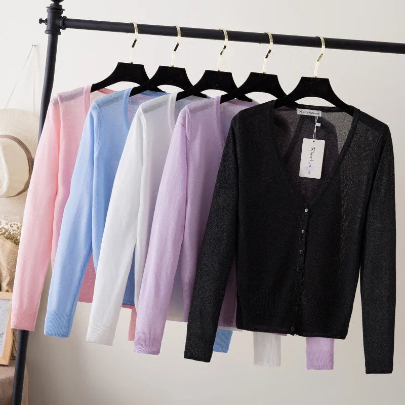 Women's lightweight semi-sheer cropped cardigan with V-neck