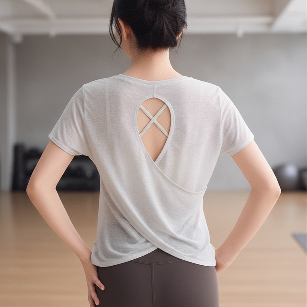 Women's short sleeve fitness top with back cutout ventilation design