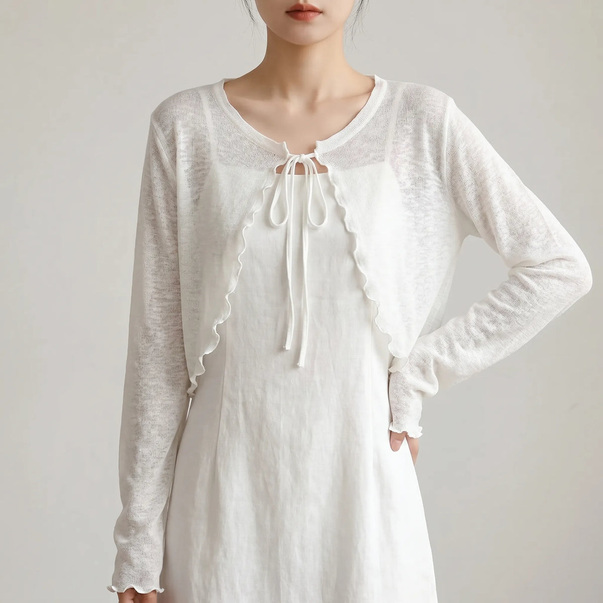 Women's cropped cardigan sheer knit fabric tie front long sleeves