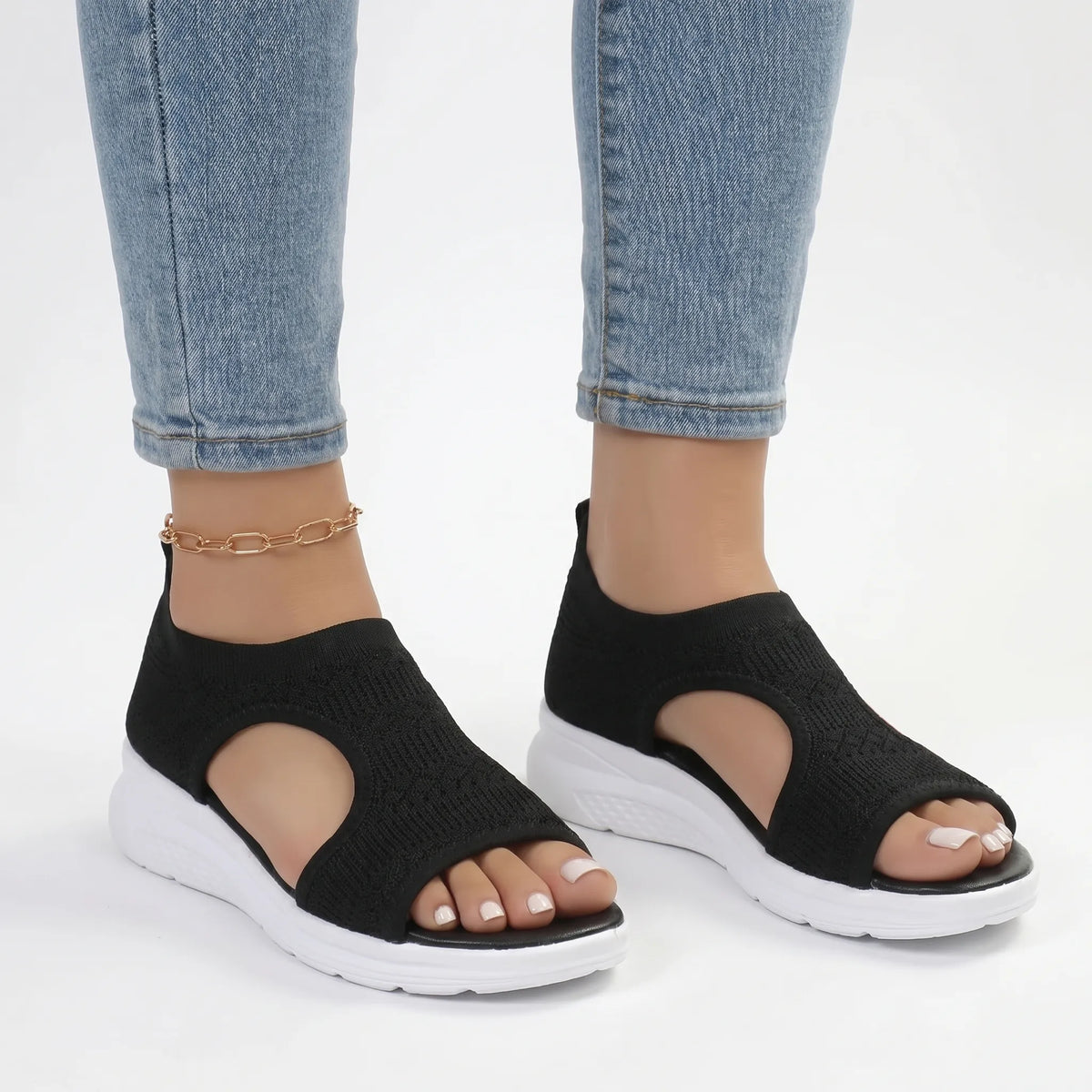 Sport wedge sandal with knitted breathable mesh upper and elastic strap
