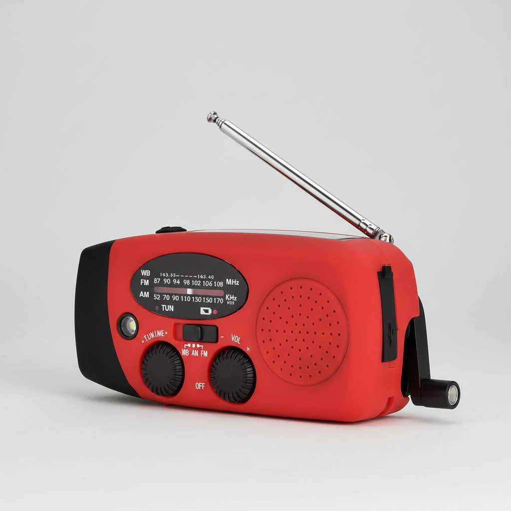 Portable emergency radio with hand crank solar charging and LED torch