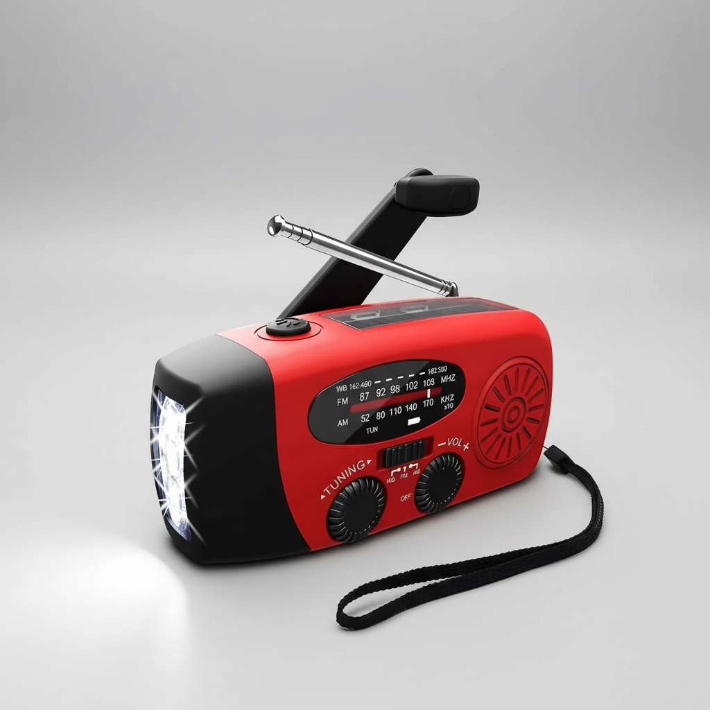 Emergency radio with solar charging, hand crank, USB power bank and LED torch