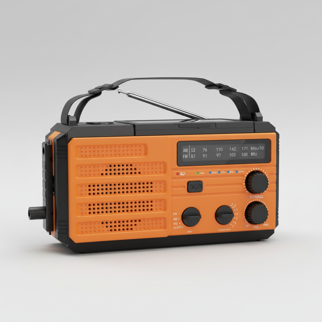 Emergency radio with solar charging, hand crank, USB power bank and LED torch