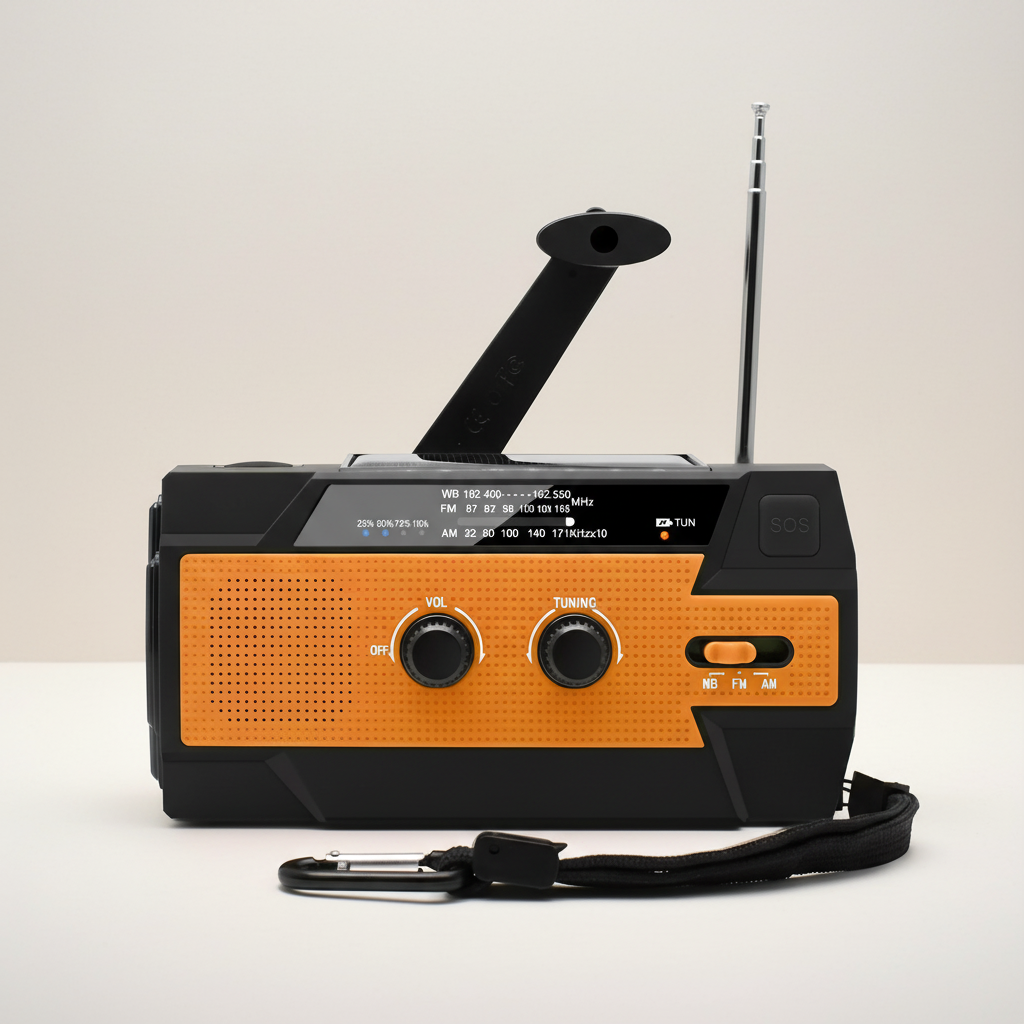 Emergency radio with solar charging, hand crank, USB power bank and LED torch