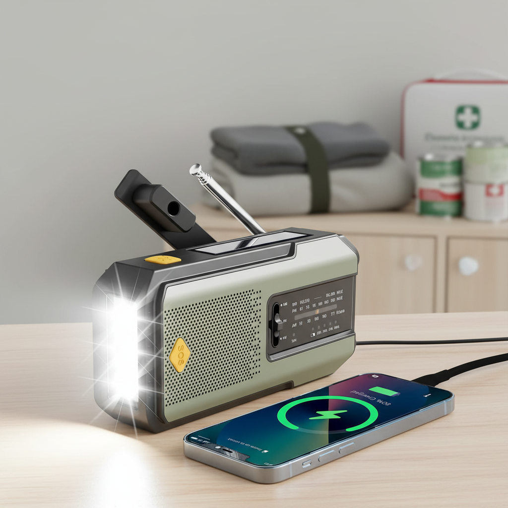 Emergency radio with solar charging, hand crank, USB power bank and LED torch