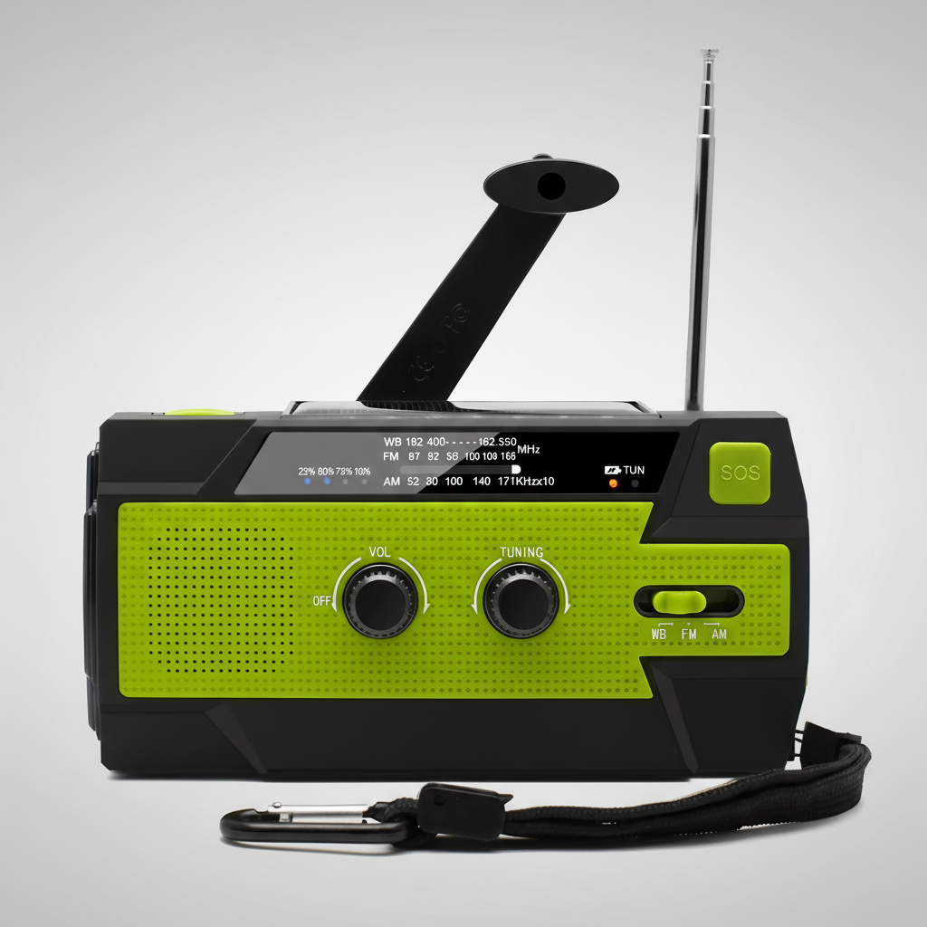 Emergency radio with solar charging, hand crank, USB power bank and LED torch