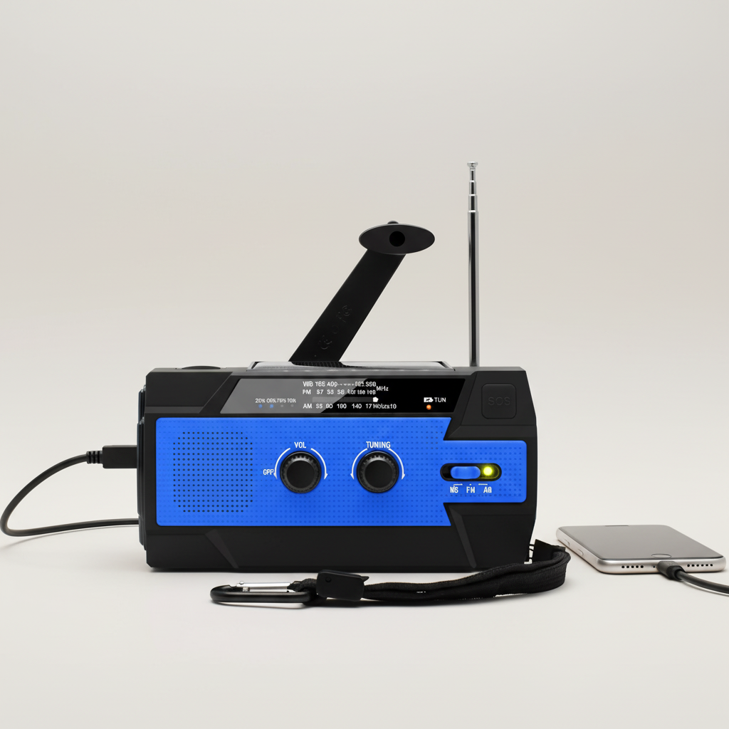 Emergency radio with solar charging, hand crank, USB power bank and LED torch