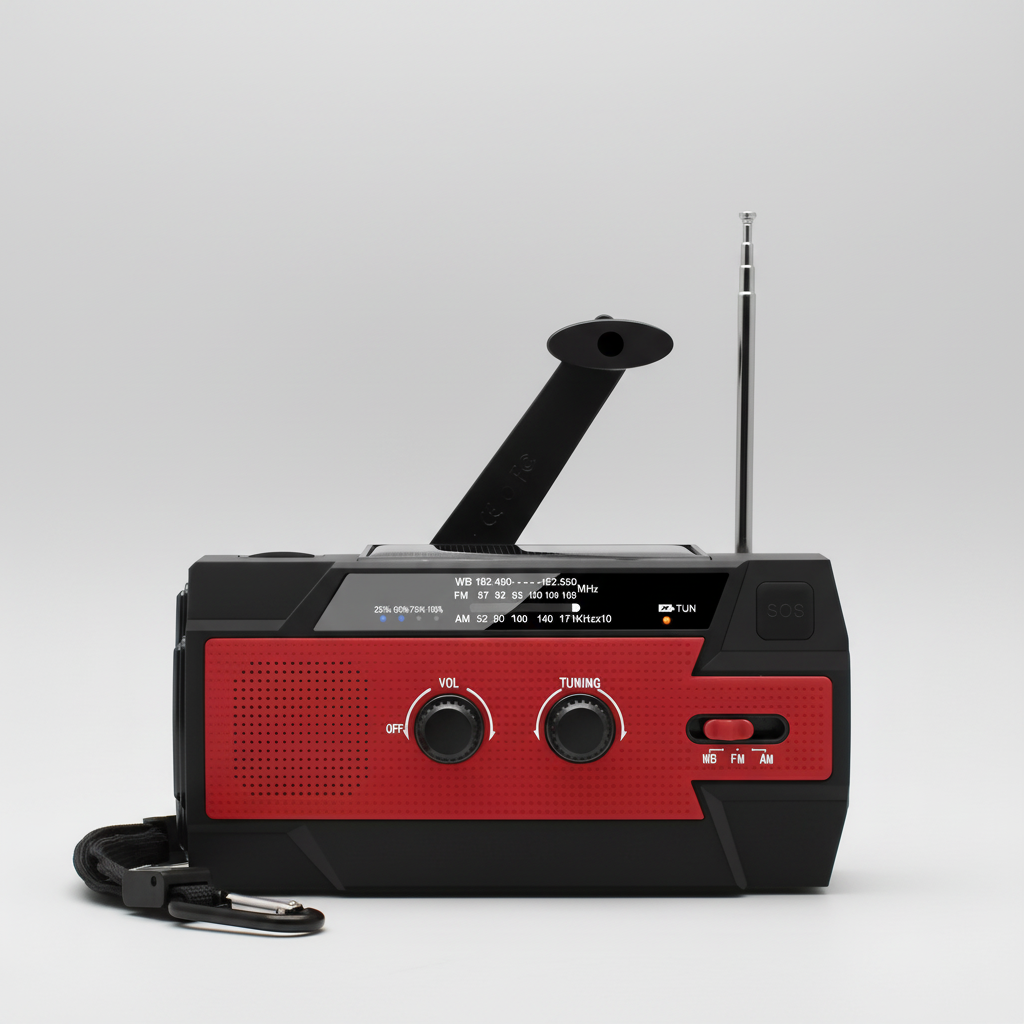 Emergency radio with solar charging, hand crank, USB power bank and LED torch
