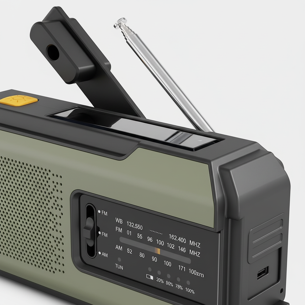Emergency radio with solar charging, hand crank, USB power bank and LED torch