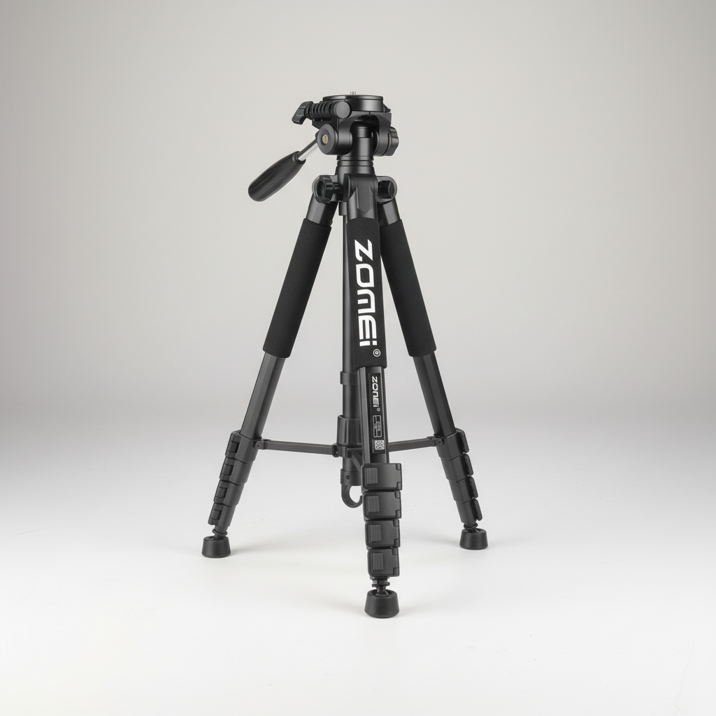 Portable aluminium camera tripod with tall adjustable height and smooth pan tilt