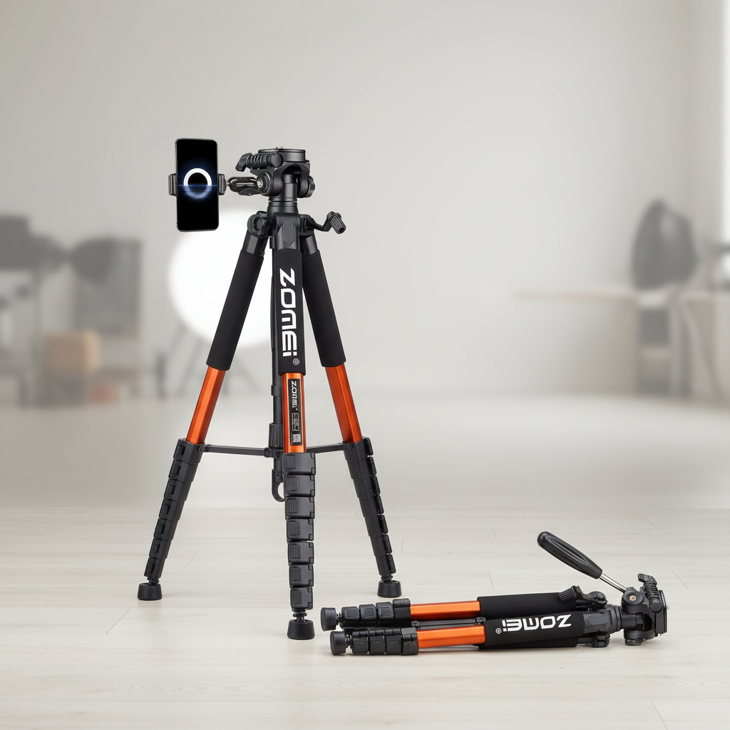Portable aluminium camera tripod with tall adjustable height and smooth pan tilt