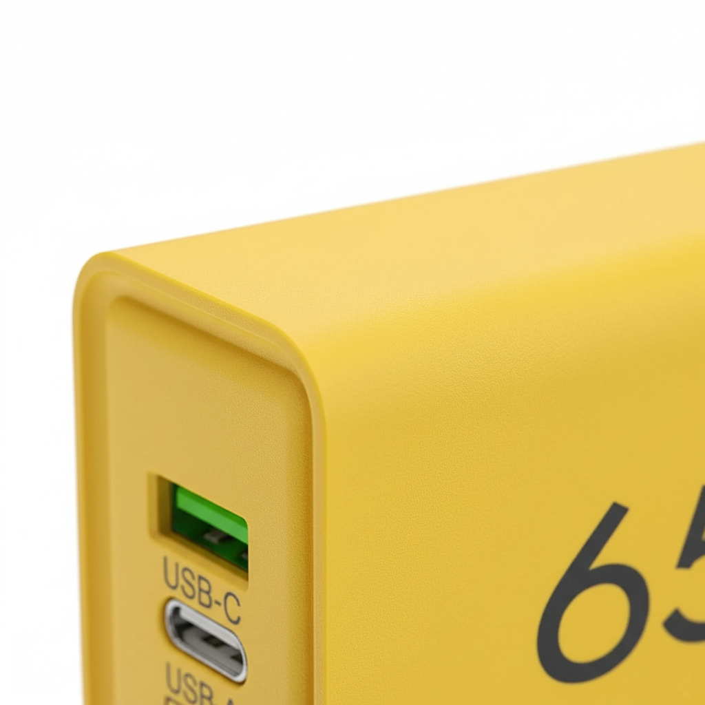Compact 65W GaN fast charger with dual USB ports for phones and laptops