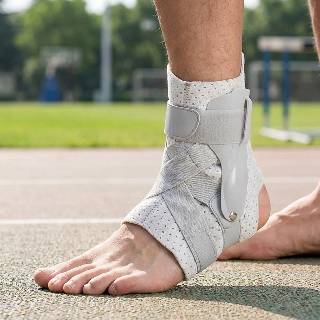 Adjustable ankle support brace with stabilising straps and breathable design