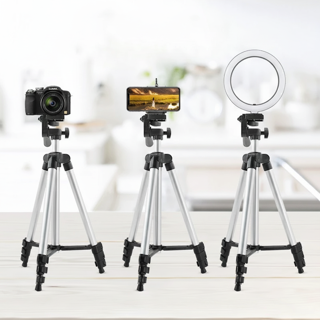 Aluminium phone tripod with Bluetooth remote and adjustable height