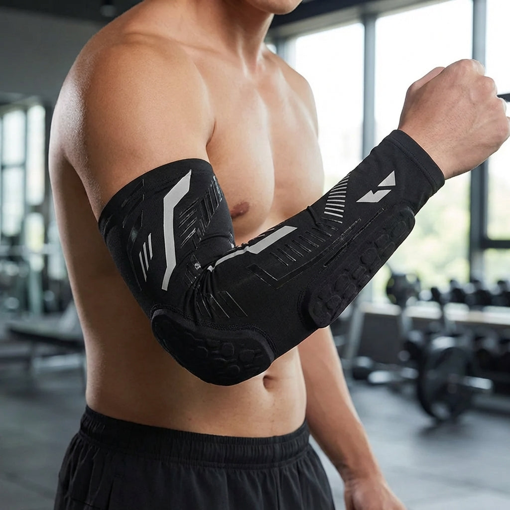 Padded compression elbow sleeve with targeted impact cushioning for sports