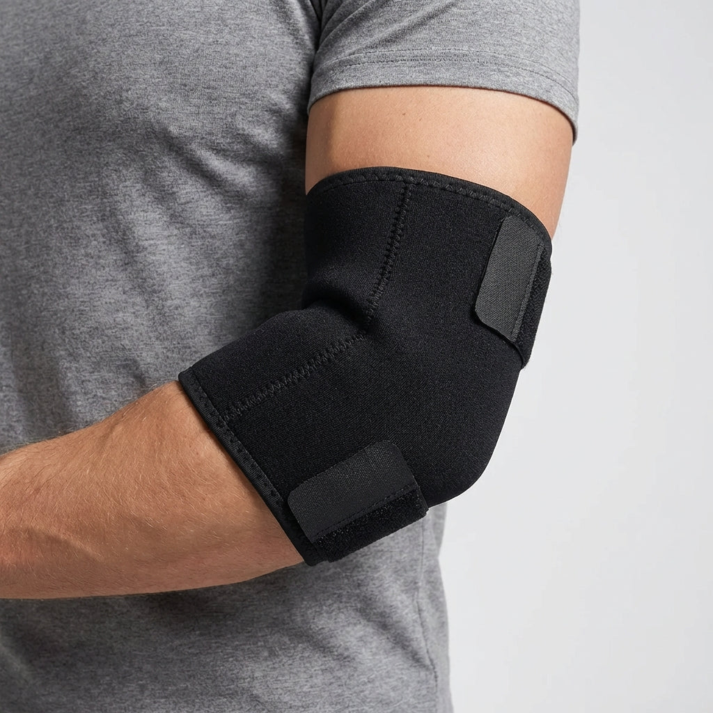 Adjustable elbow support wrap with gentle compression and breathable construction