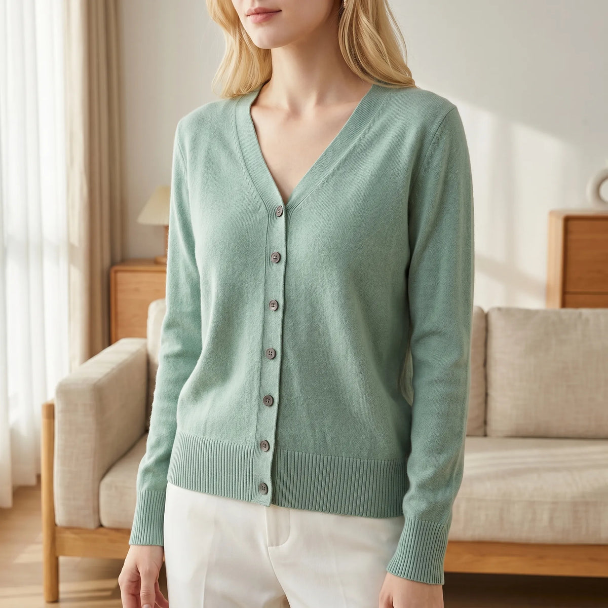 Women's V-neck cardigan with fine knit construction and button-up front
