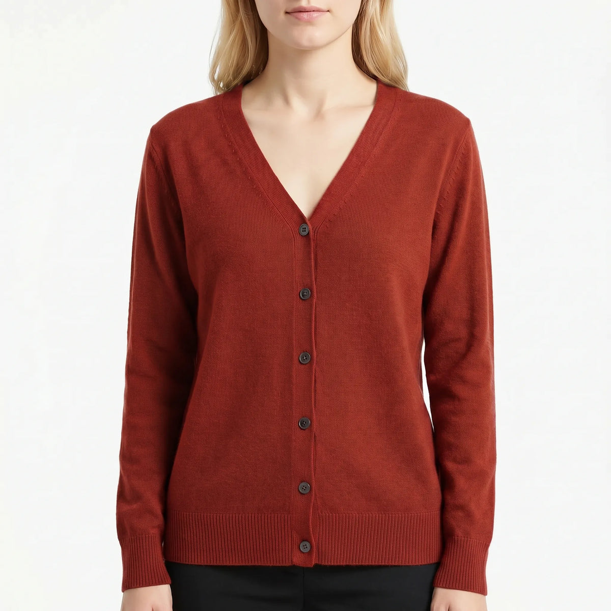 Women's V-neck cardigan with fine knit construction and button-up front