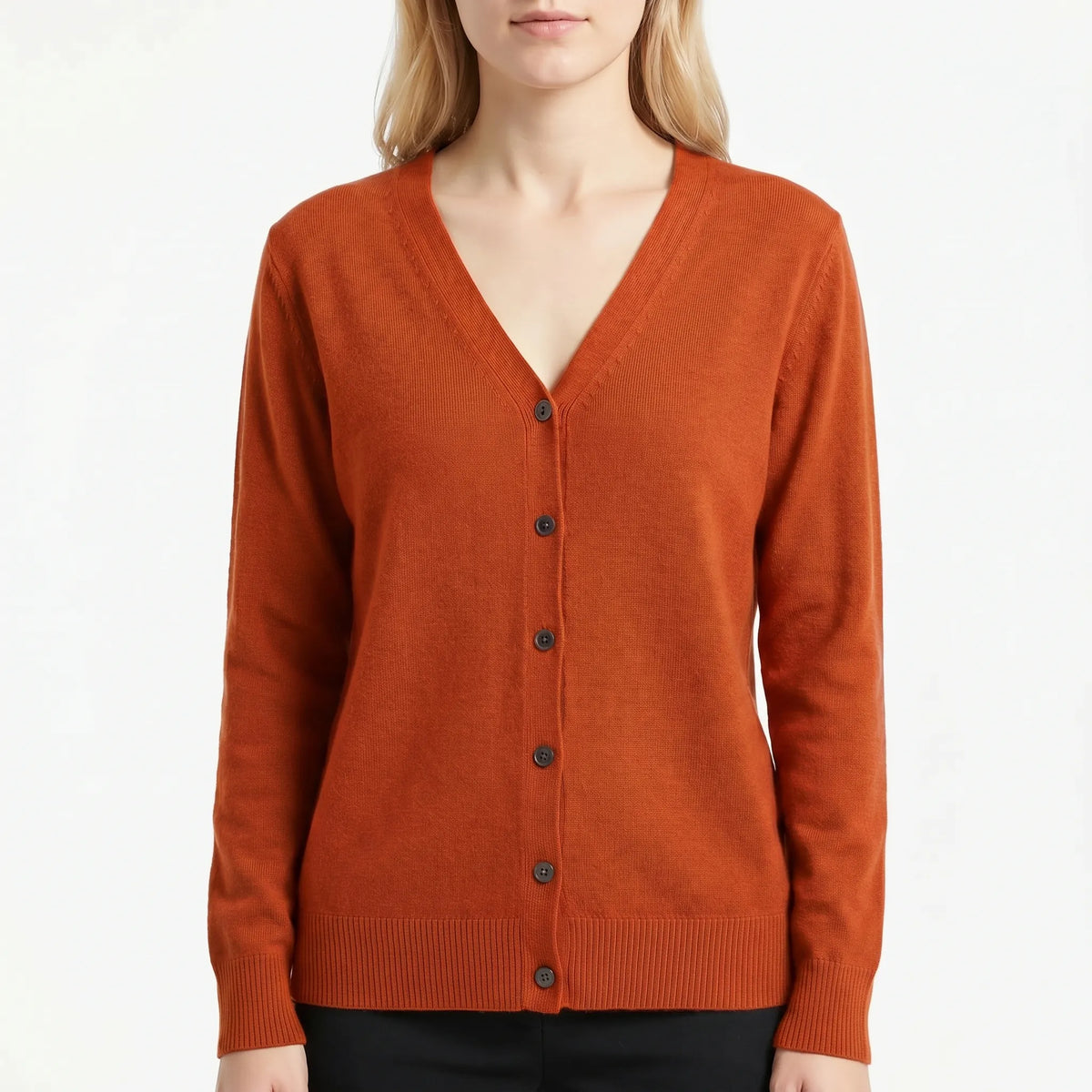 Women's V-neck cardigan with fine knit construction and button-up front