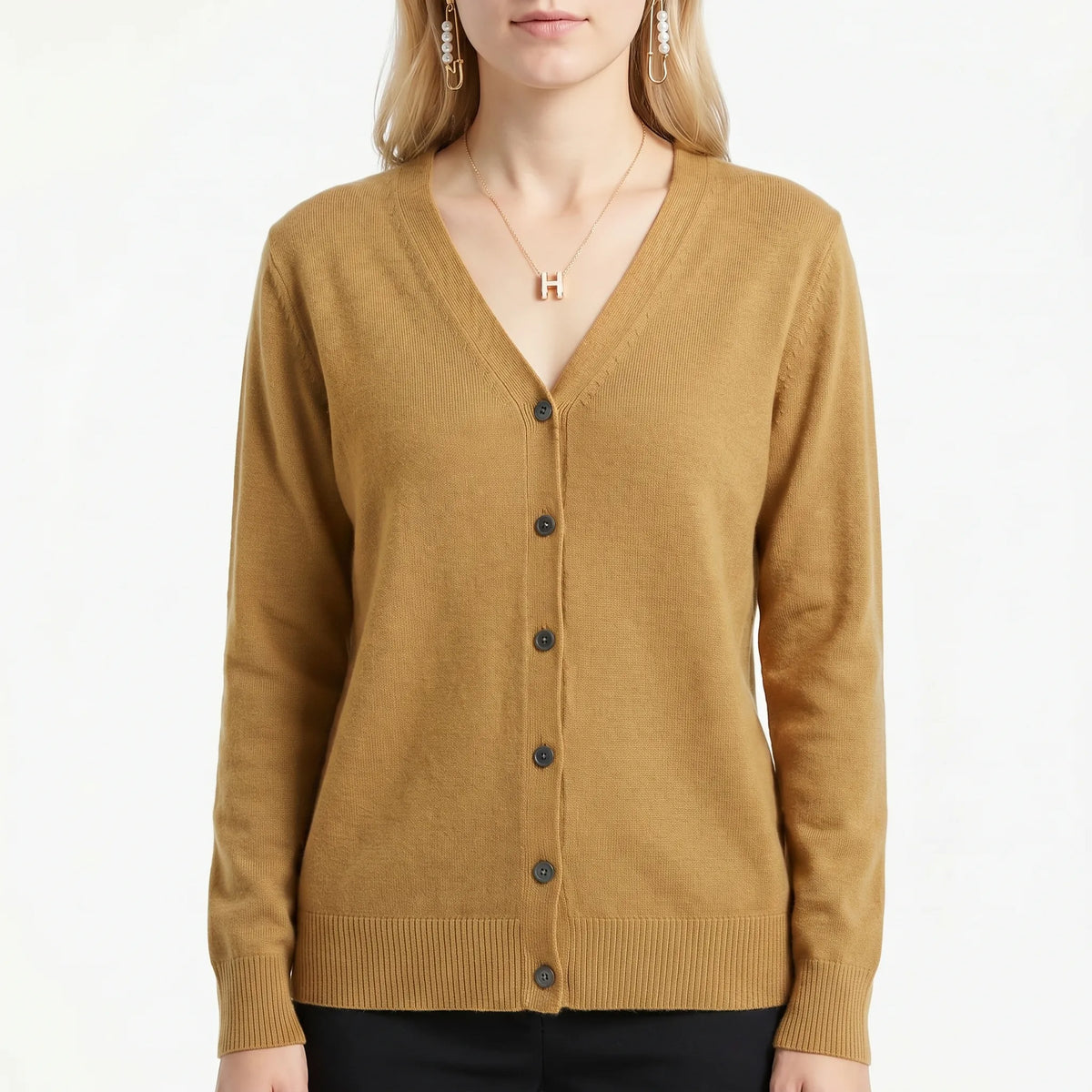 Women's V-neck cardigan with fine knit construction and button-up front