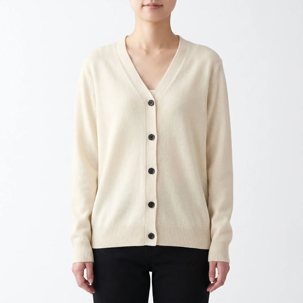 Women's V-neck cardigan with fine knit construction and button-up front