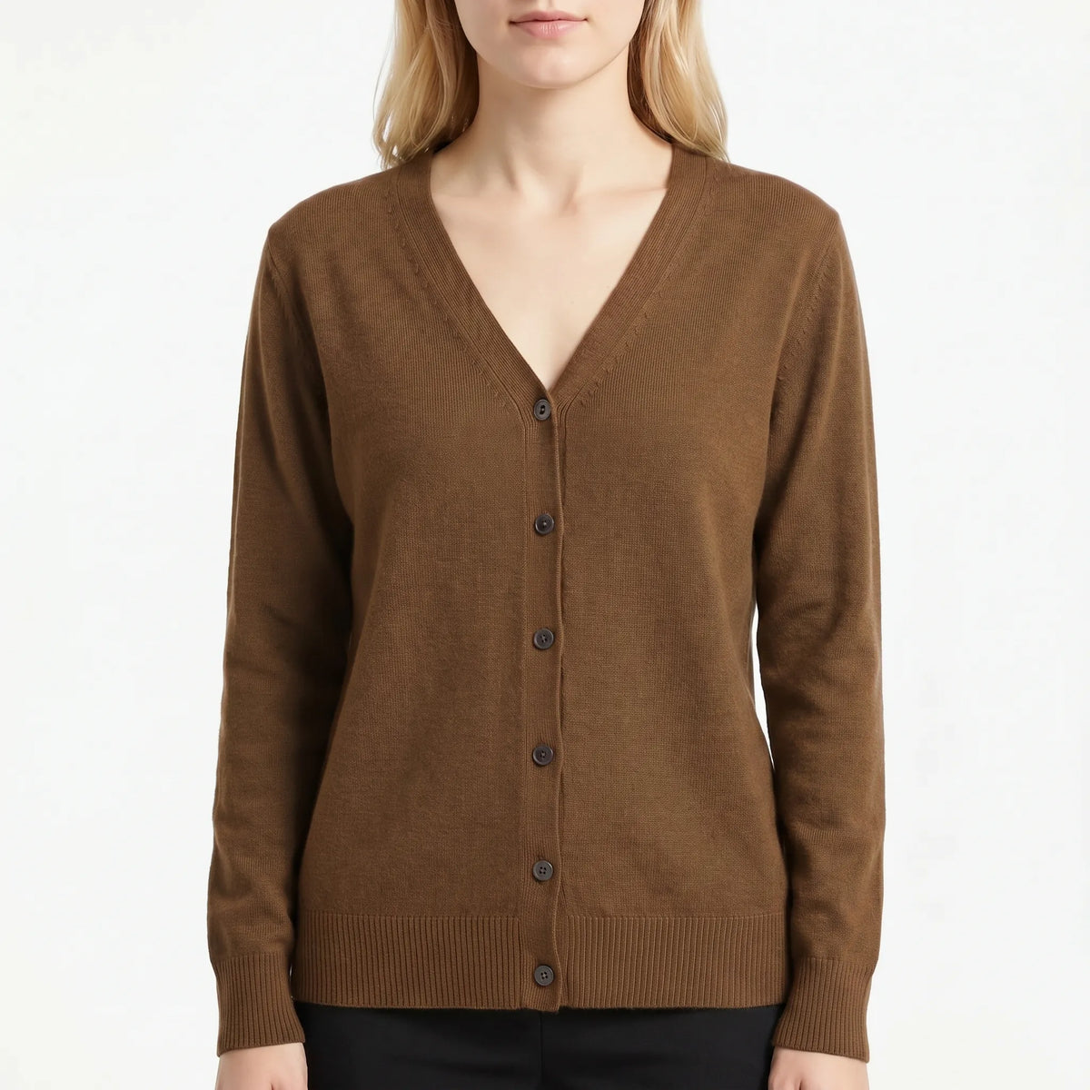 Women's V-neck cardigan with fine knit construction and button-up front