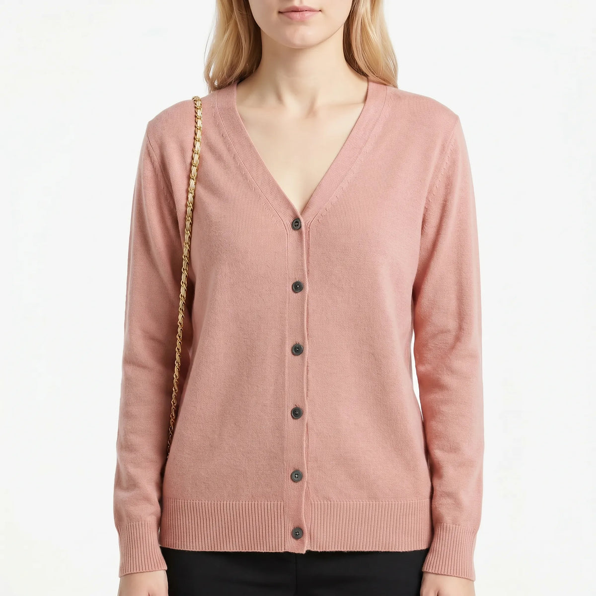 Women's V-neck cardigan with fine knit construction and button-up front