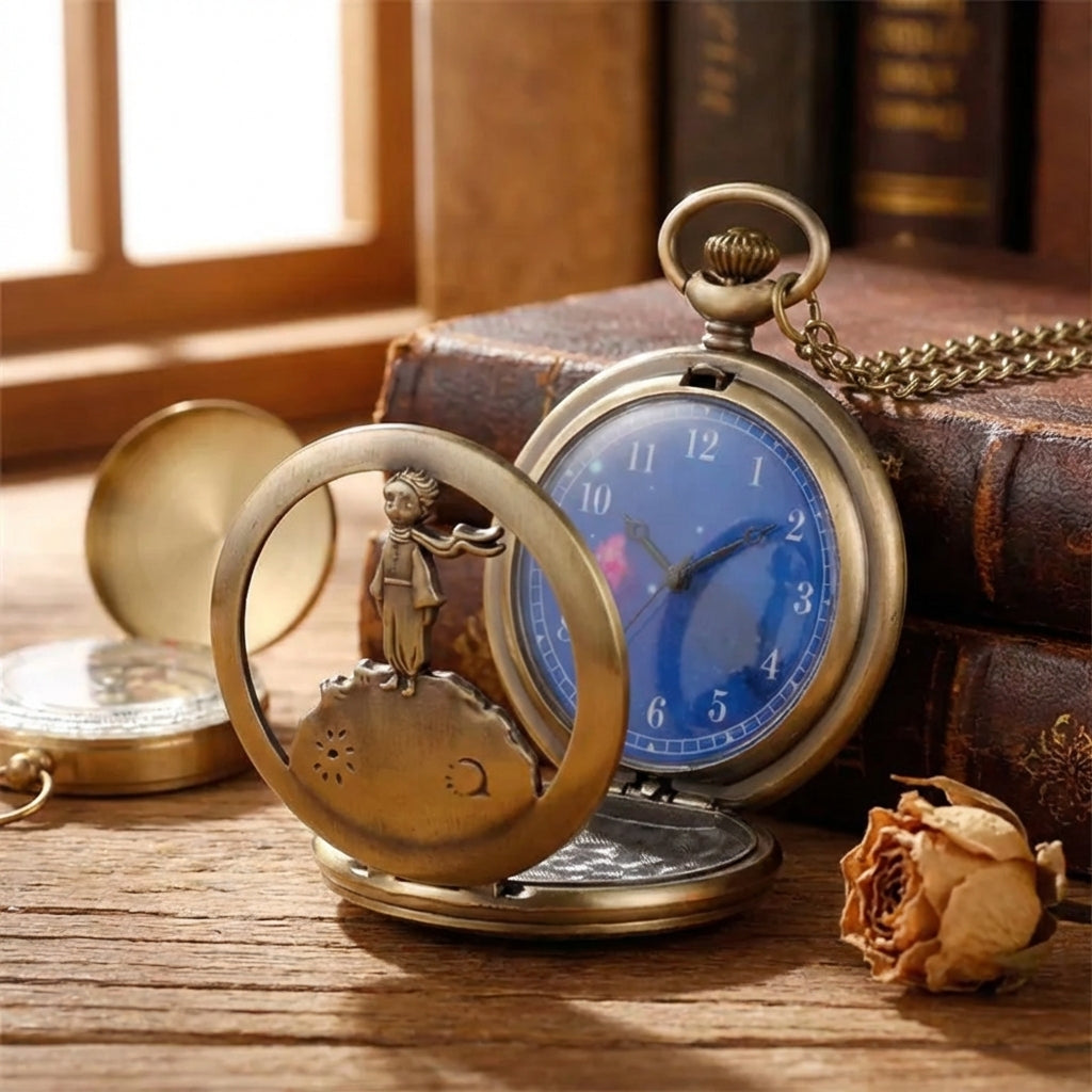 Vintage pocket watch pendant with openwork silhouette and quartz movement