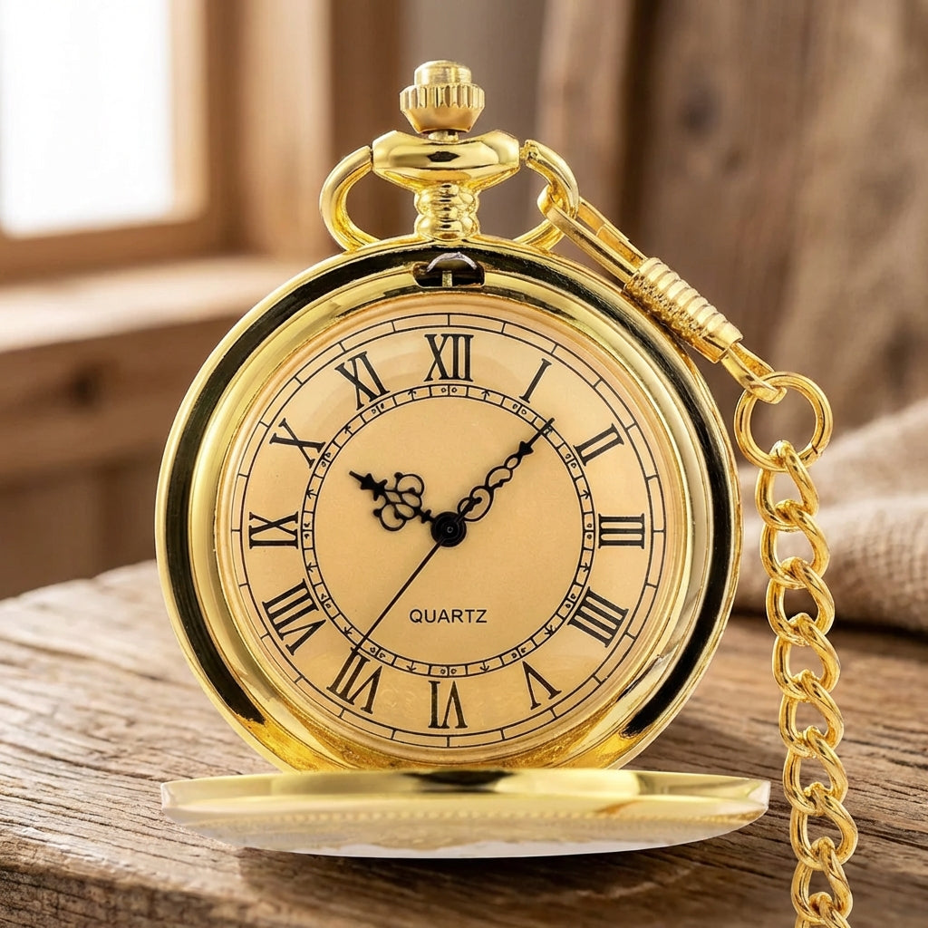 Vintage pocket watch pendant with Roman numerals and protective lid
