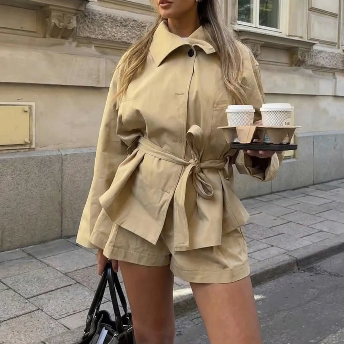 Women's autumn co-ord set with short trousers and long sleeve top