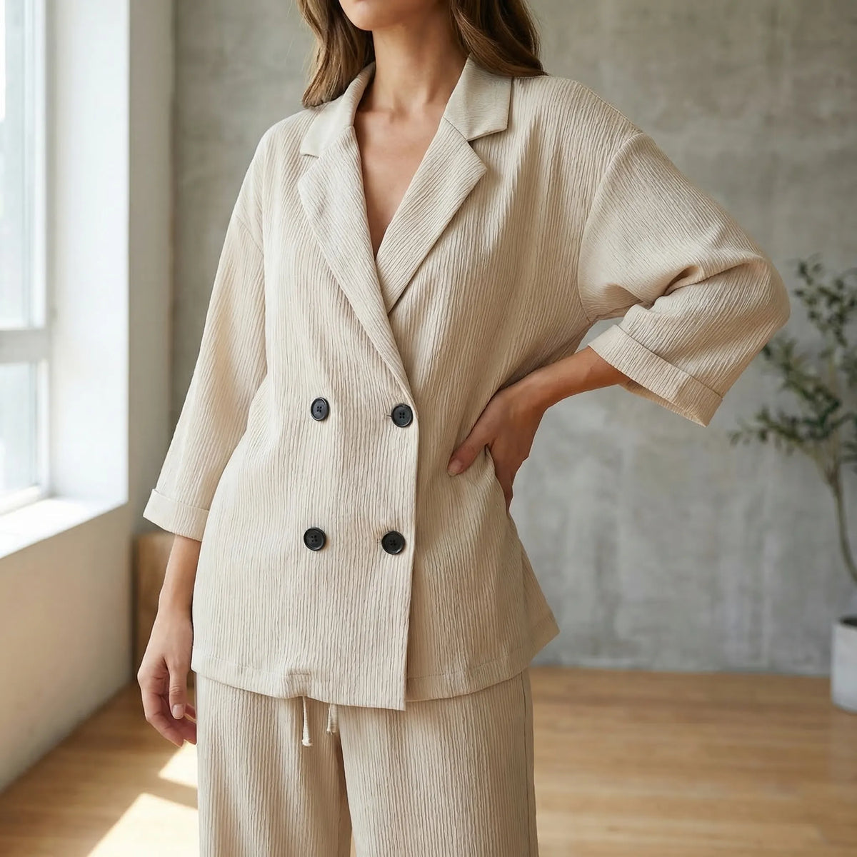 Women's crinkled double-breasted blazer and wide-leg pant set