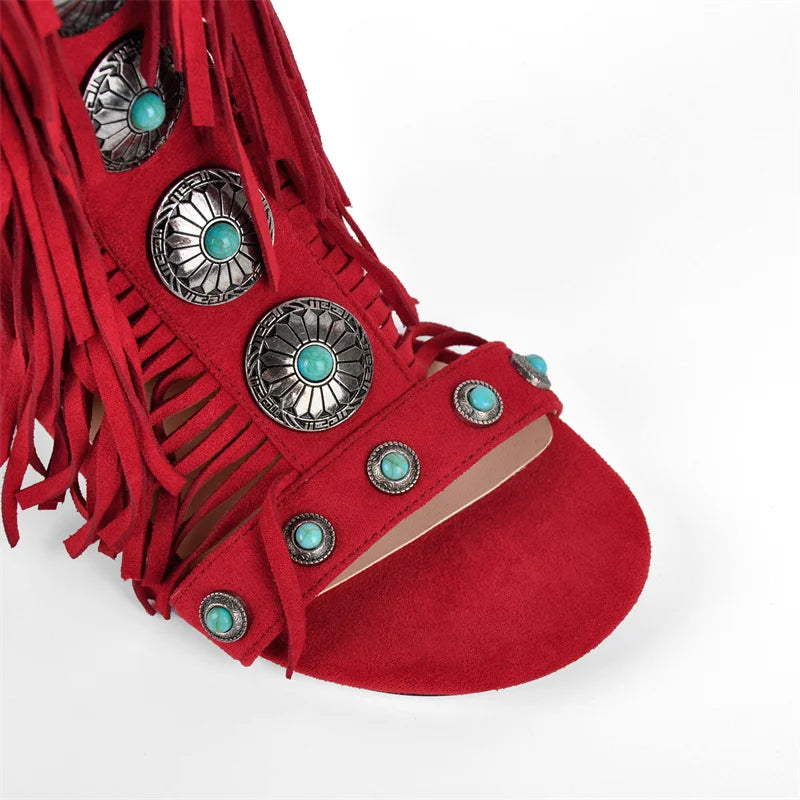 Ankle-high fringe sandals with lace-up closure and metallic stone details