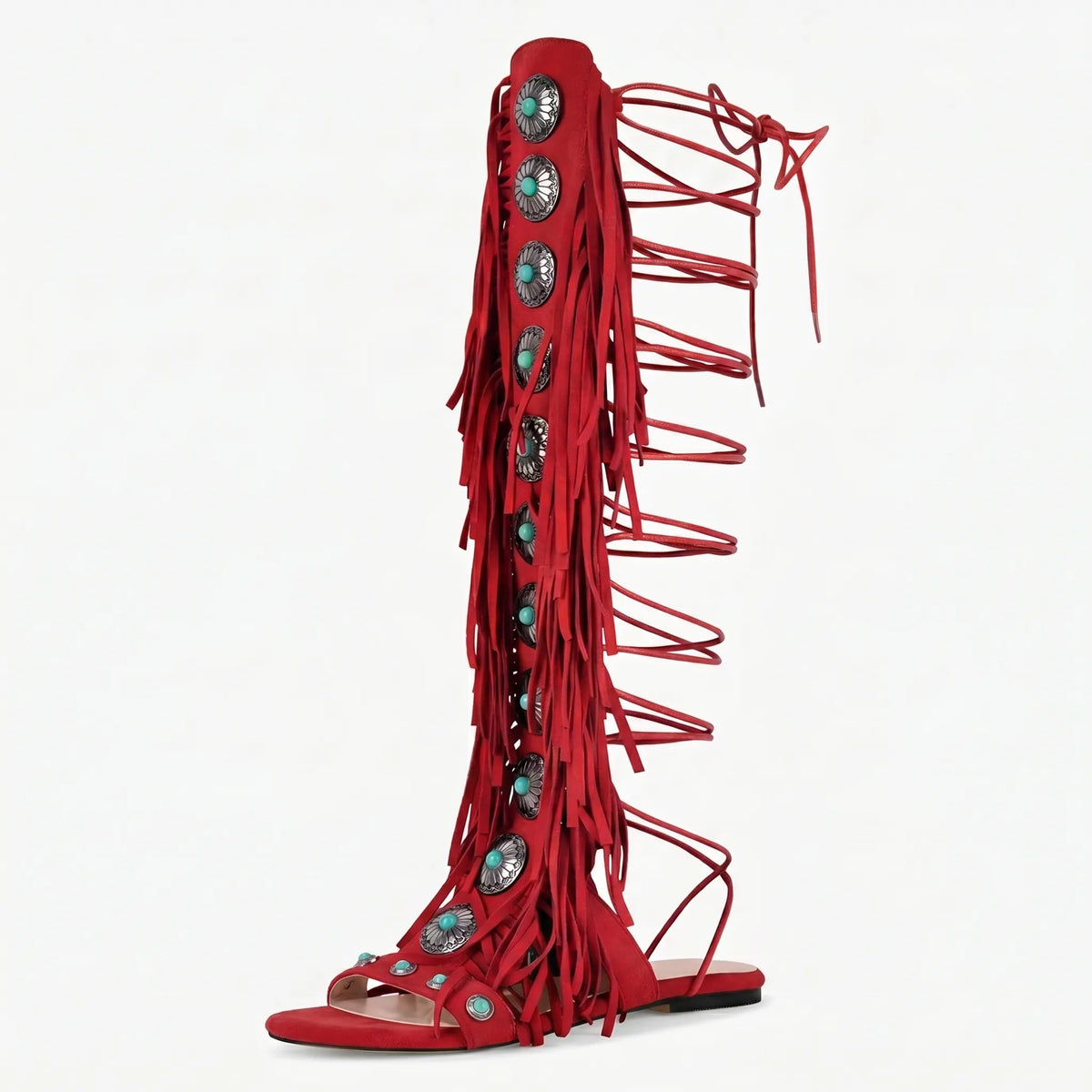 Ankle-high fringe sandals with lace-up closure and metallic stone details
