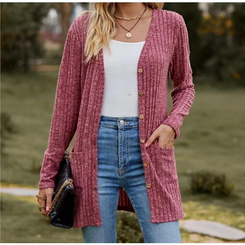 Longline ribbed cardigan with button front and patch pockets