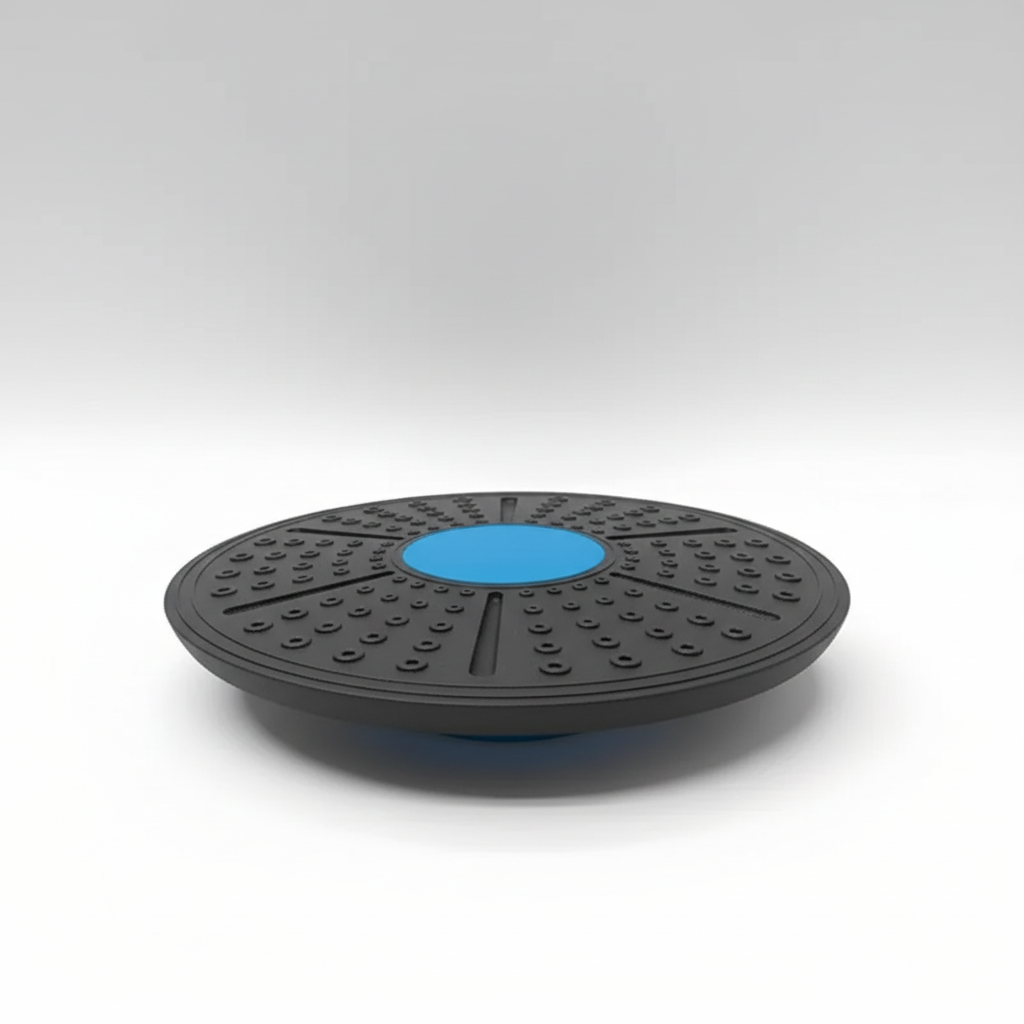 Round rubber balance board with textured traction surface for core strength training