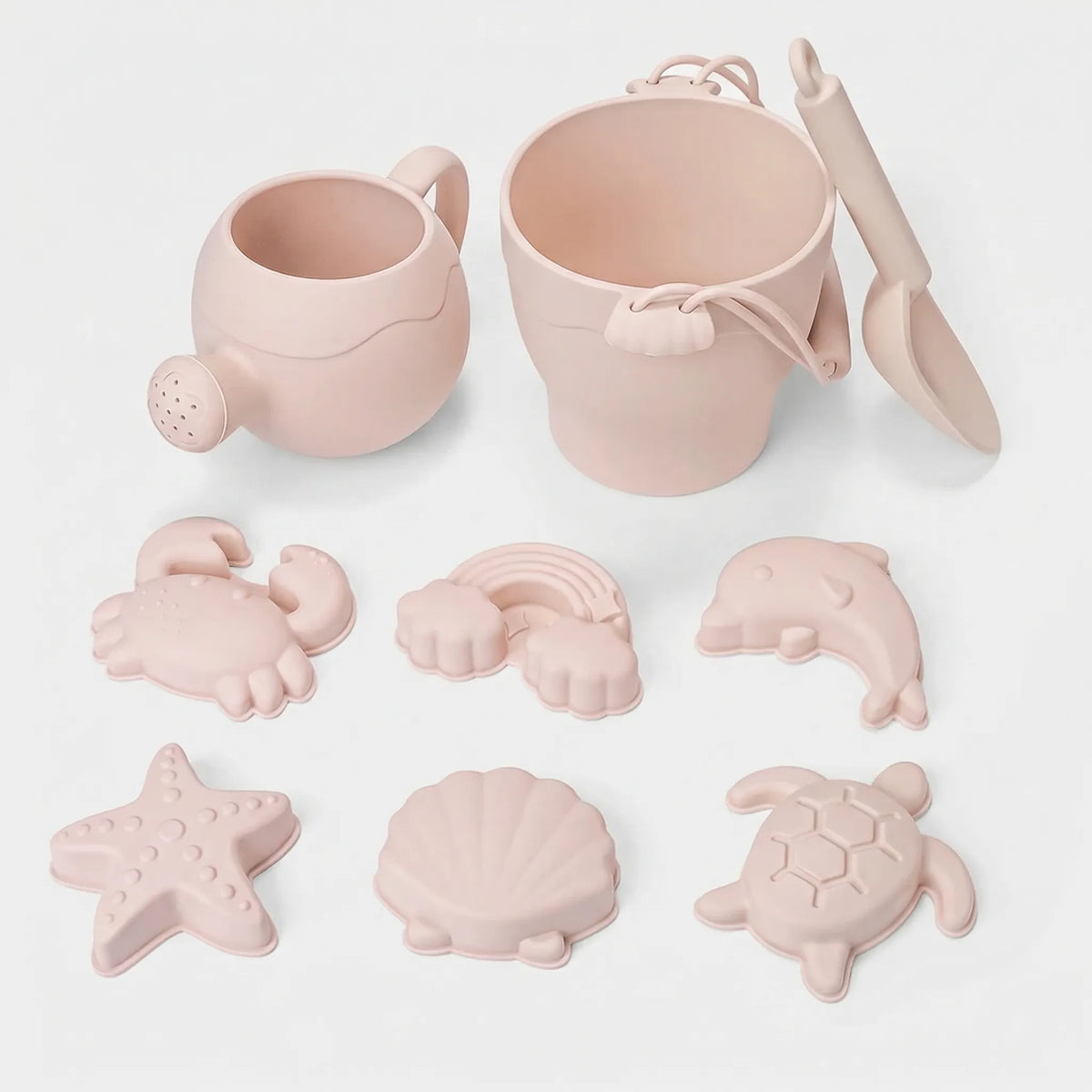 Kids beach toy set with bucket, spade and sea creature sand moulds