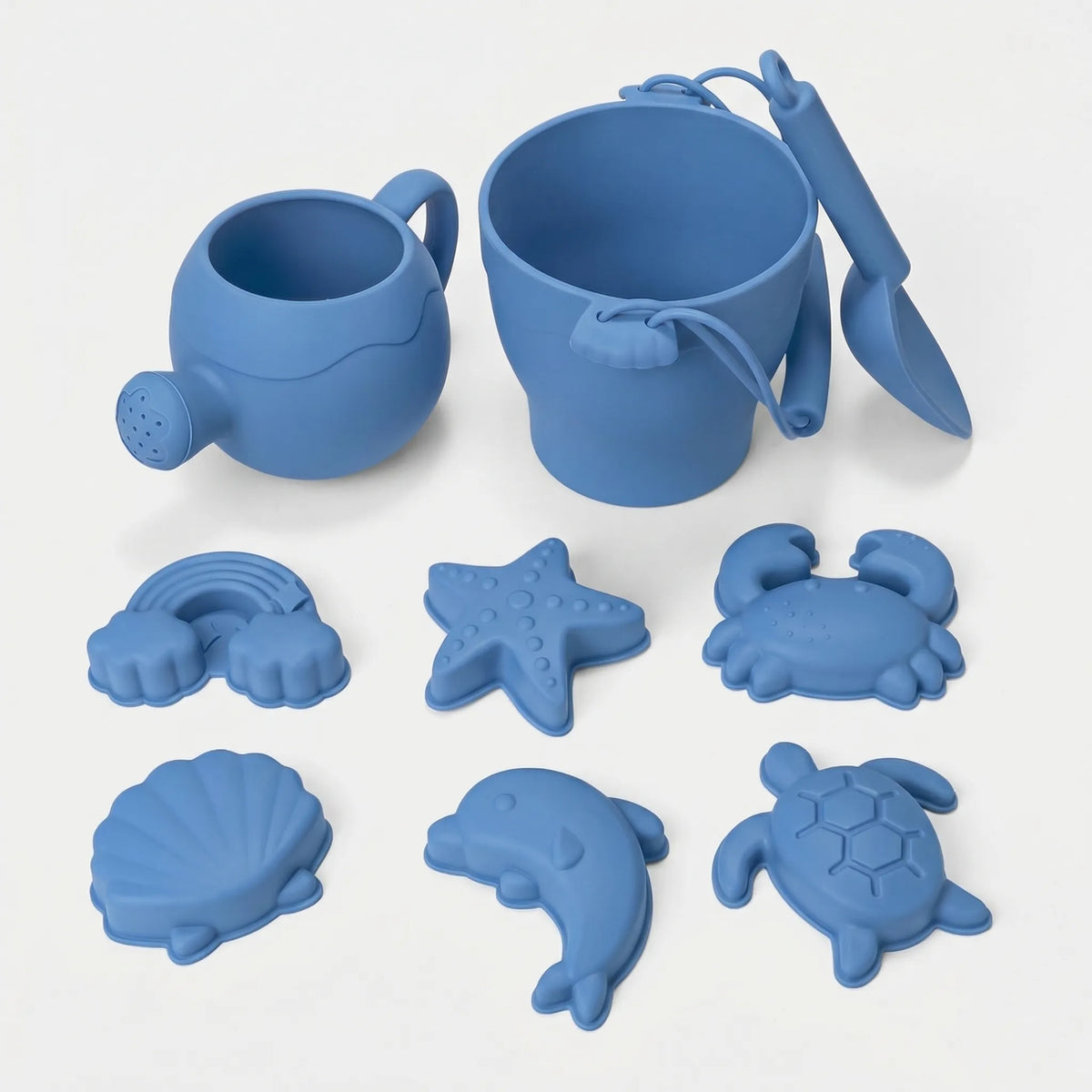 Kids beach toy set with bucket, spade and sea creature sand moulds