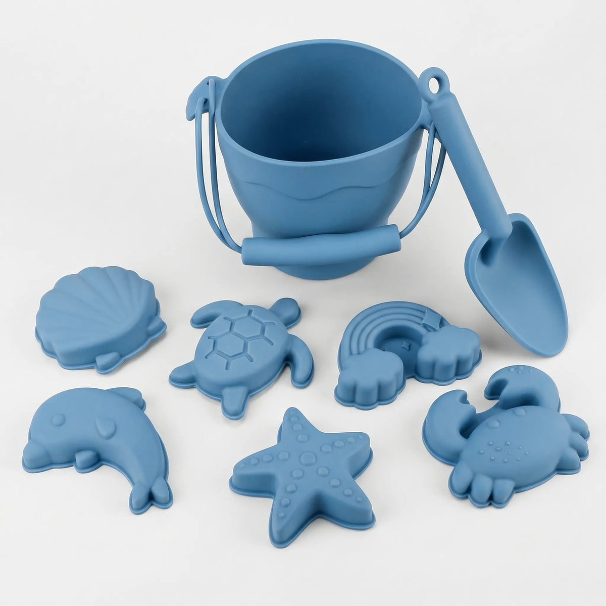 Kids beach toy set with bucket, spade and sea creature sand moulds