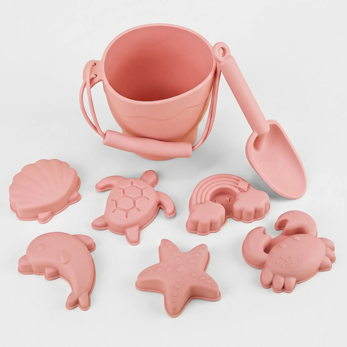 Kids beach toy set with bucket, spade and sea creature sand moulds
