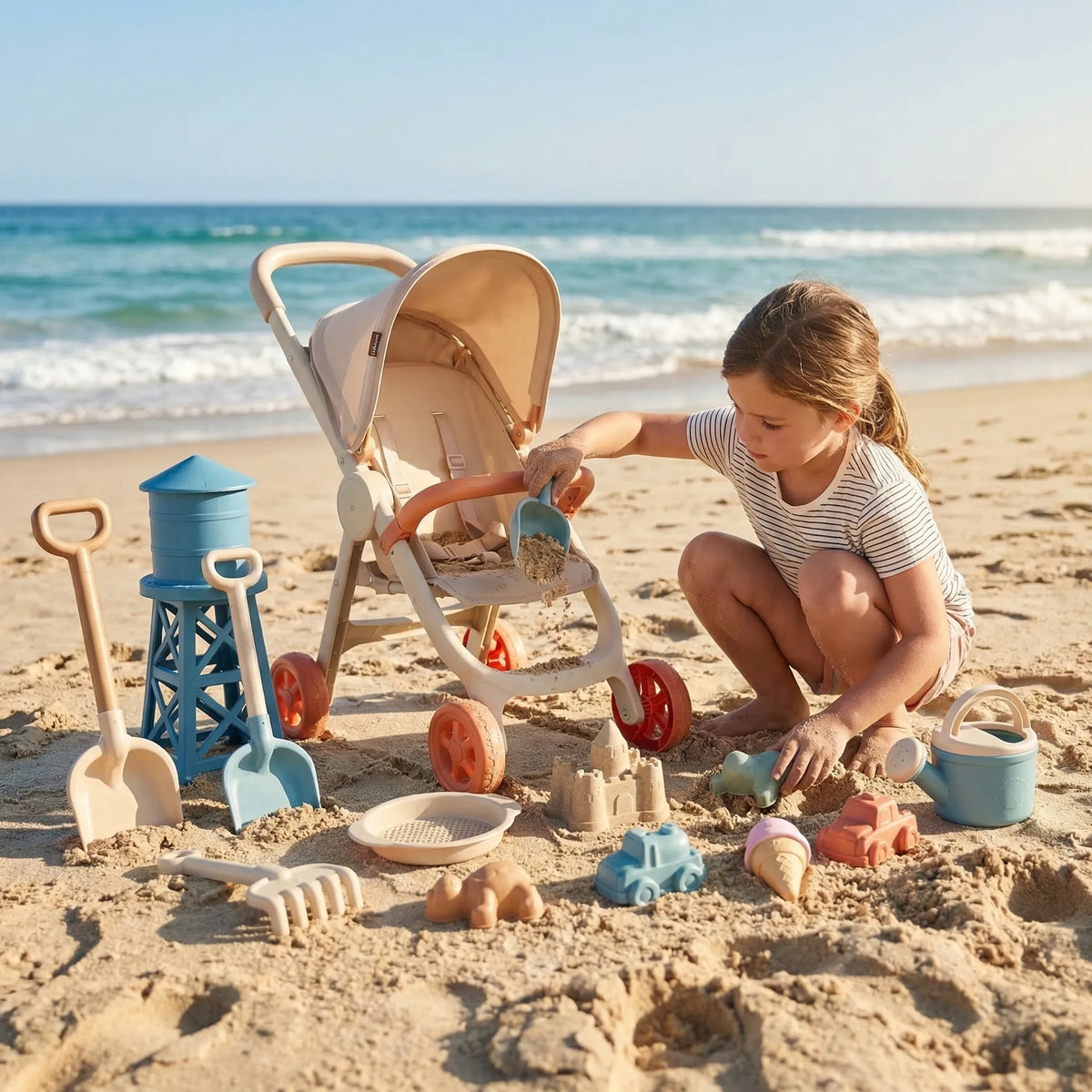 Kids beach play set with trolley and sand moulds for creative play