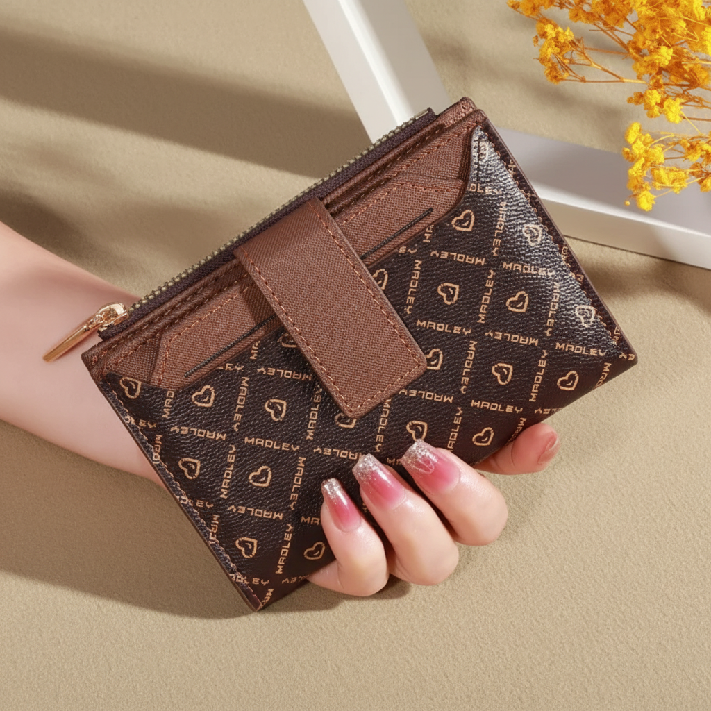 Compact bifold wallet with card slots and zip coin pocket
