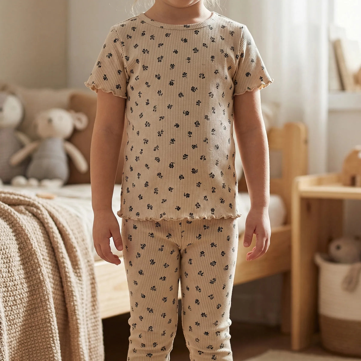 Kids floral ribbed short sleeve top and pants set with scalloped hem