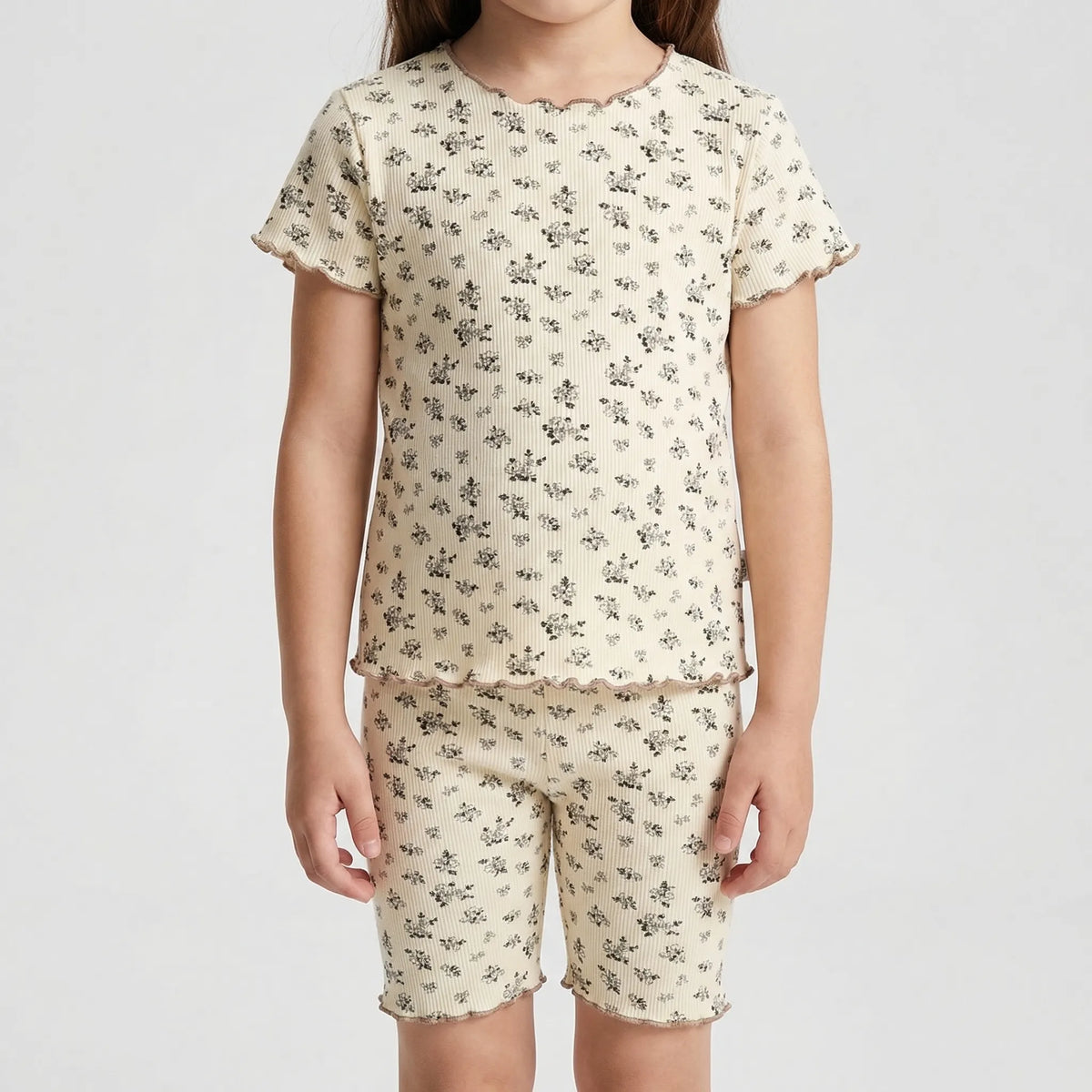 Kids floral ribbed short sleeve top and pants set with scalloped hem