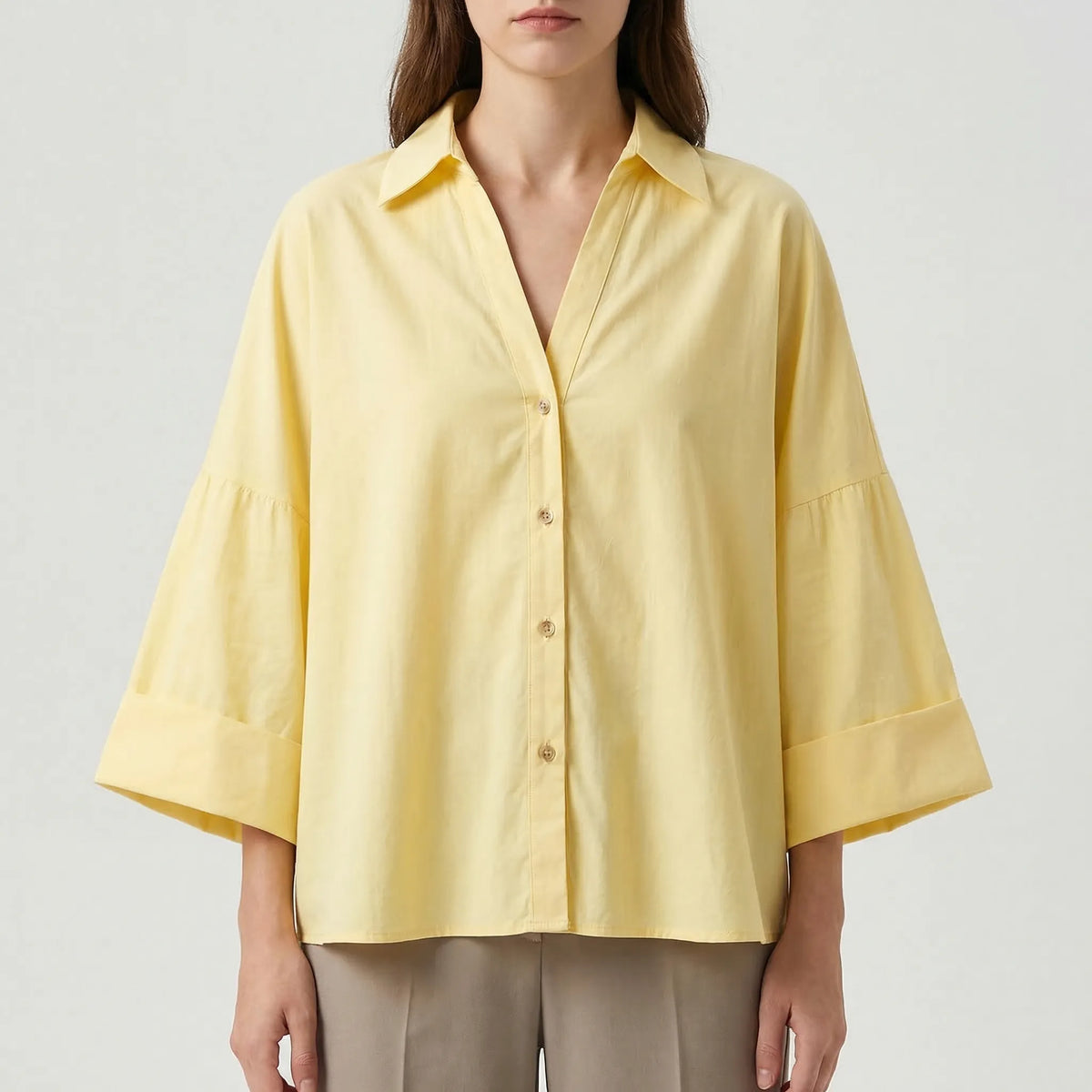 Long sleeve V-neck blouse with loose fit and breathable lightweight fabric