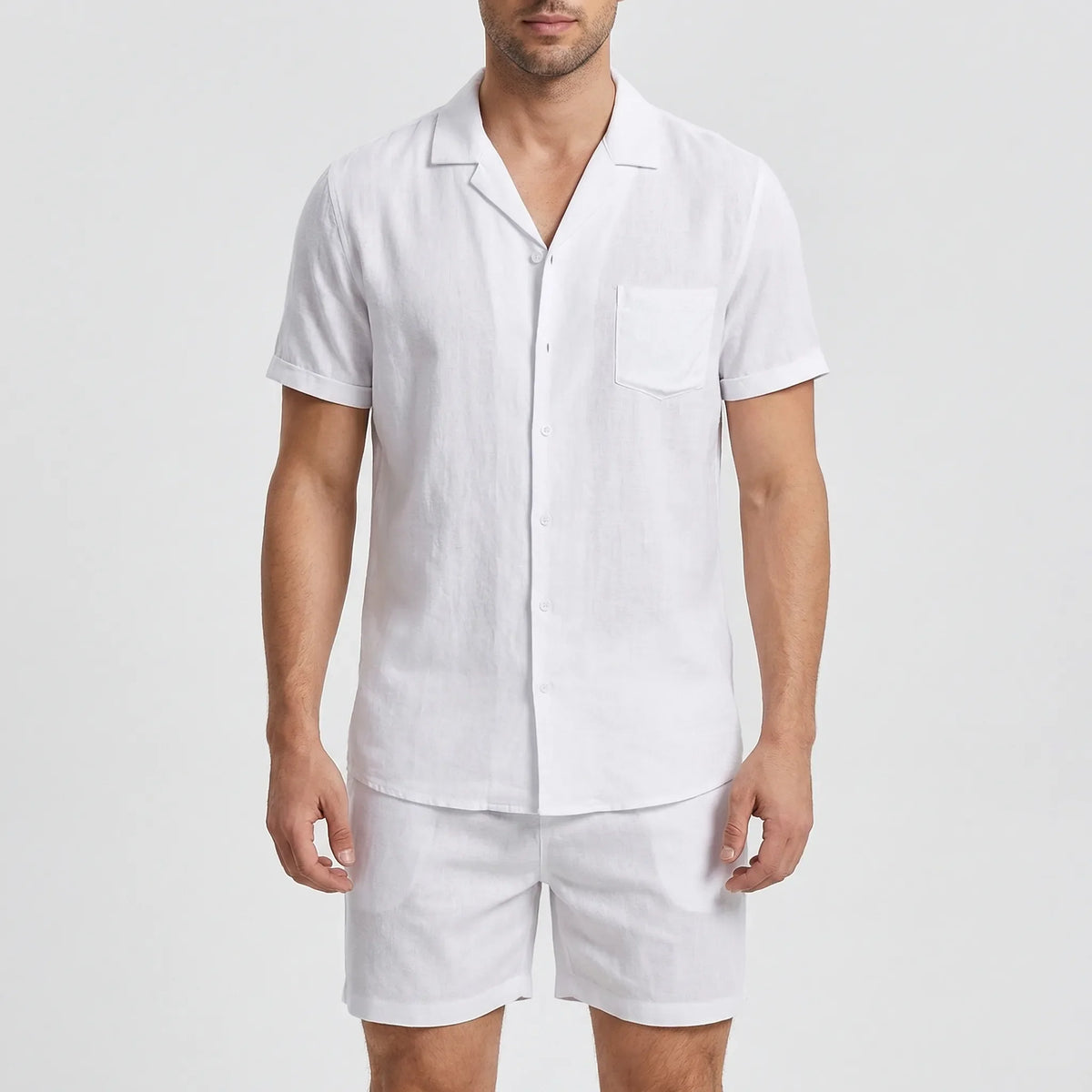Men's short sleeve shirt and shorts set with breathable cotton-linen fabric
