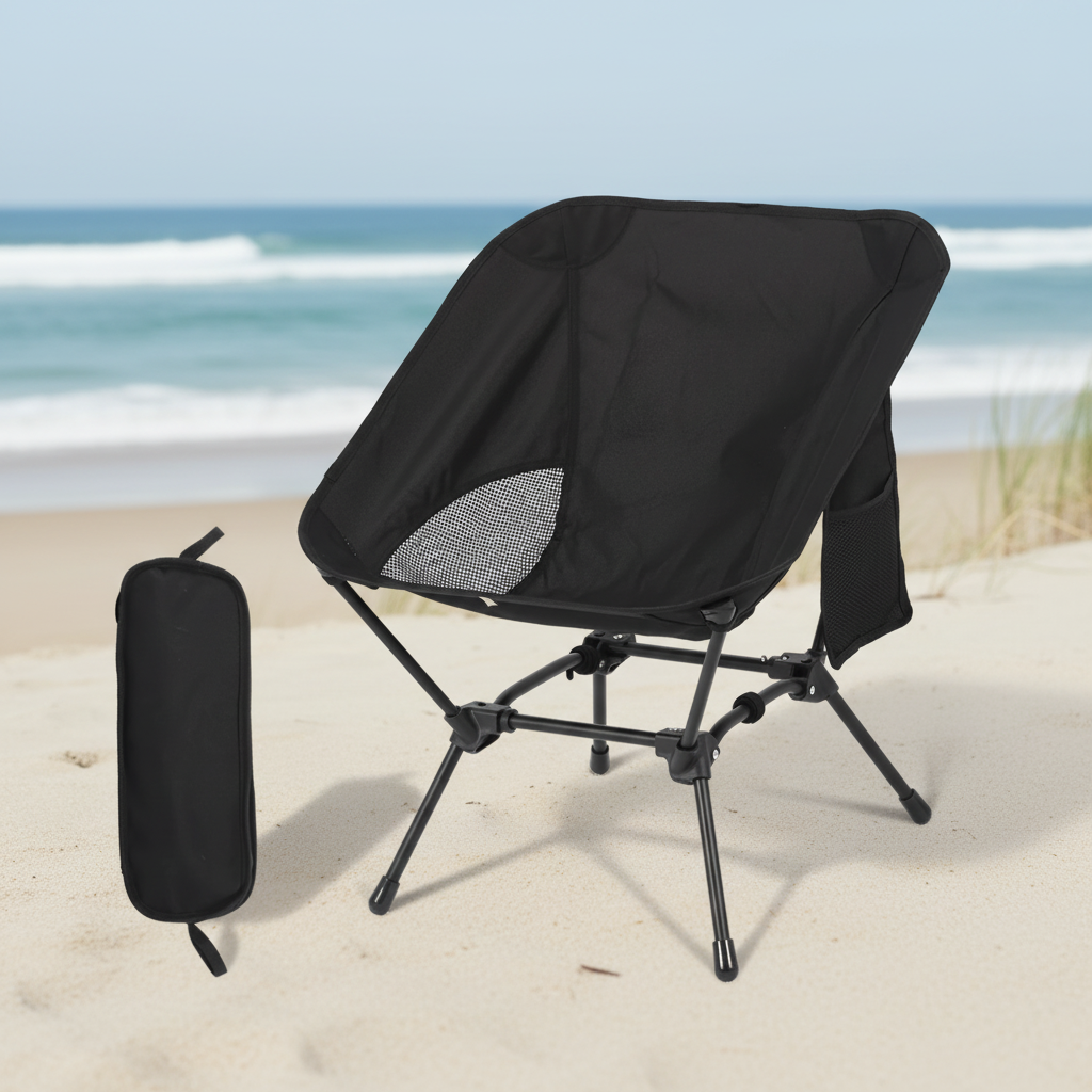 Compact folding outdoor chair with four-corner frame and breathable seat