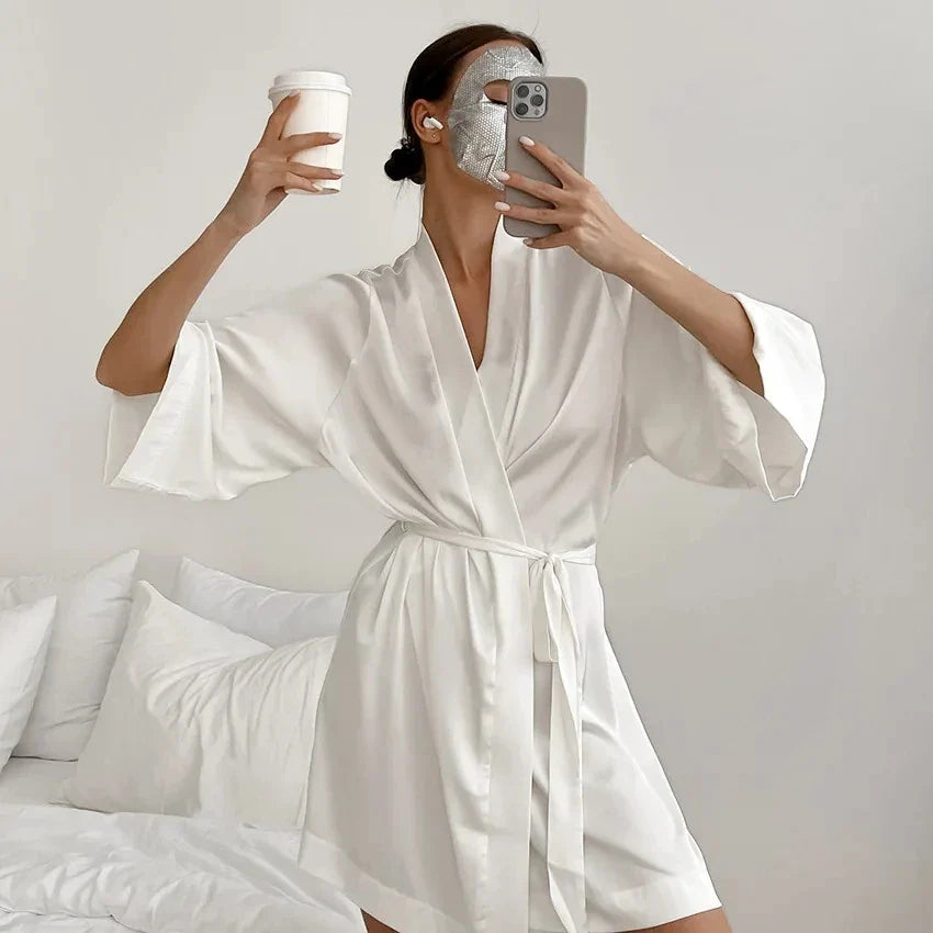 Lightweight kimono robe with three-quarter sleeves and adjustable waist tie