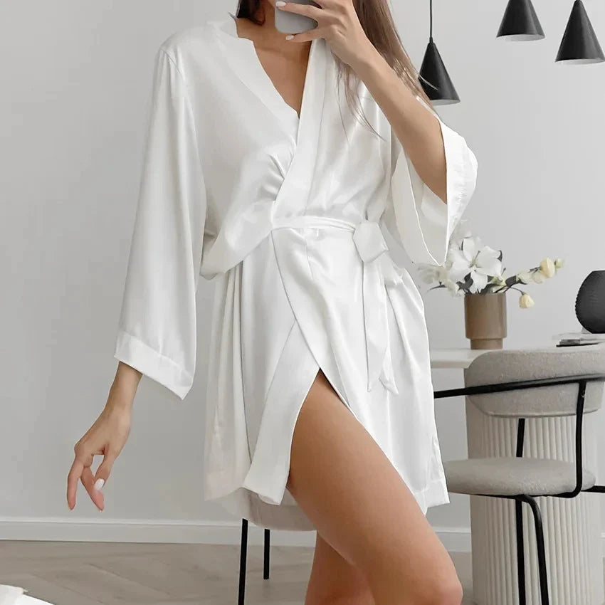 Lightweight kimono robe with three-quarter sleeves and adjustable waist tie